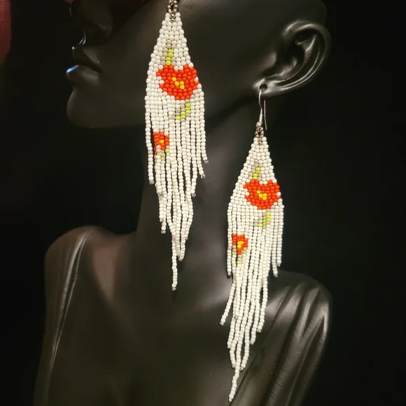 Red Floral Beaded Earrings - Picture 4 of 4